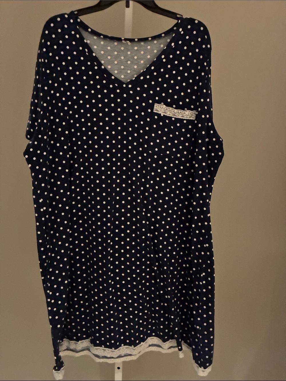 Polka Dot V-Neck Navy Nightgown with Lace Trim